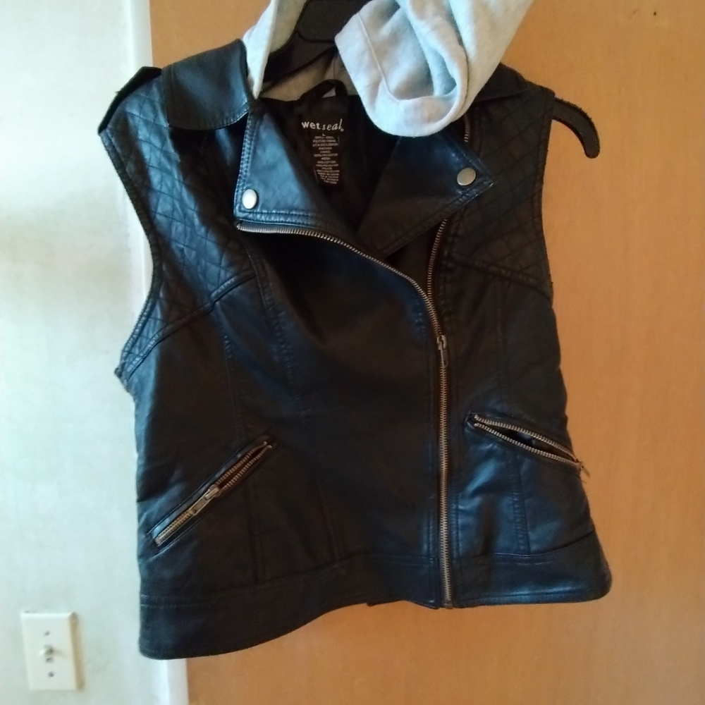 Wet Seal leather vest with hoodie
